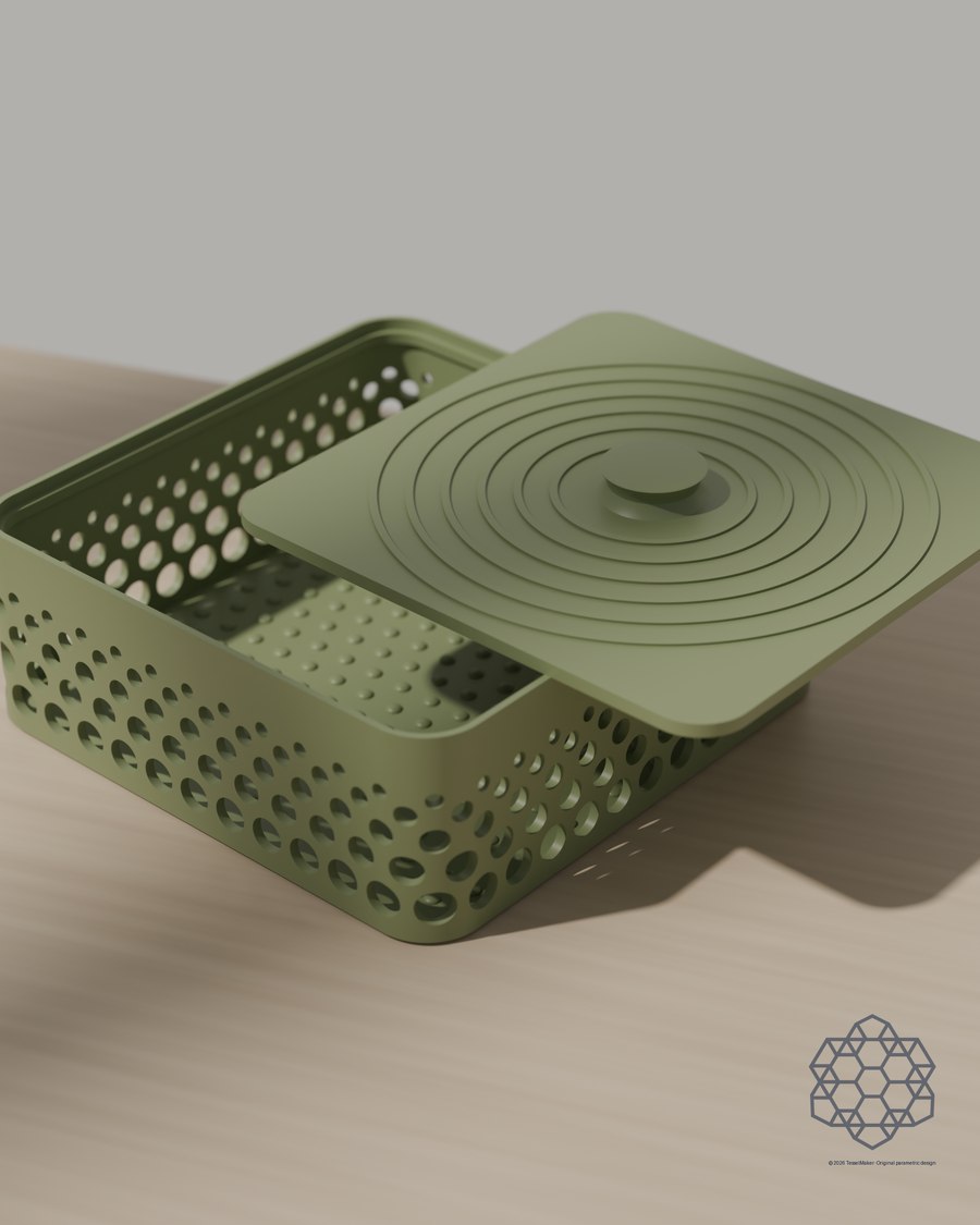 Circle box in matcha green with its flat lid slid open, showing circle-patterned walls and a ringed lid top, on a sunlit wooden table.