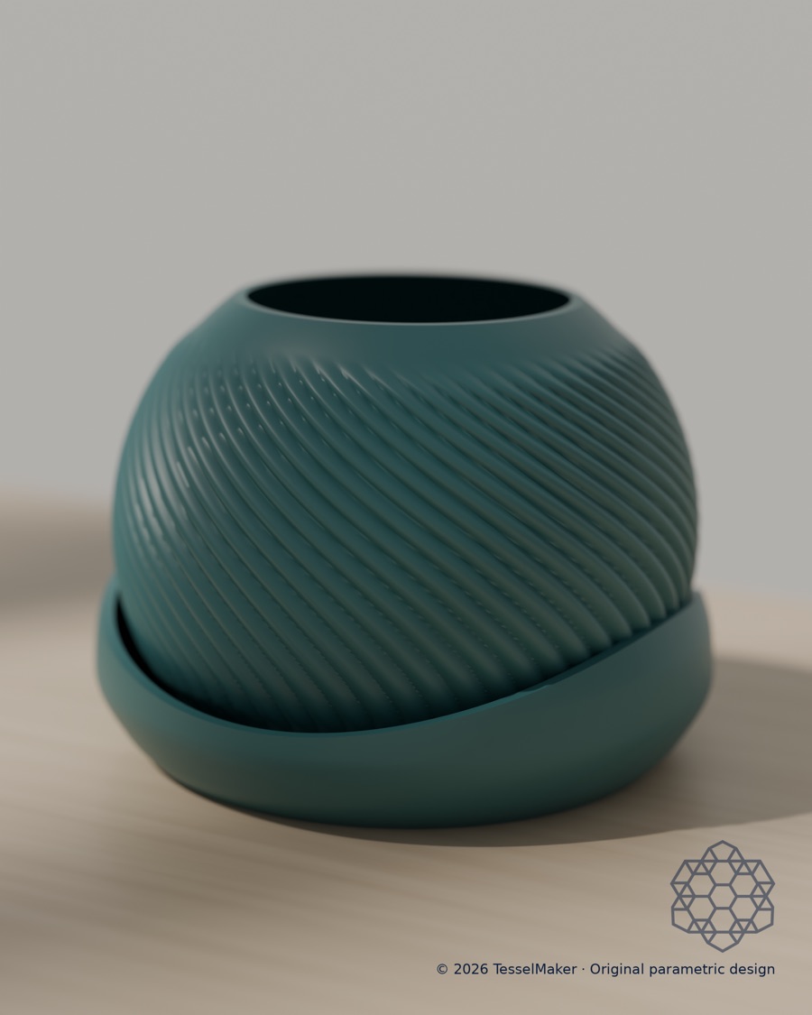Saddle Orb spiral planter in deep teal resting on its wave-rimmed saucer.