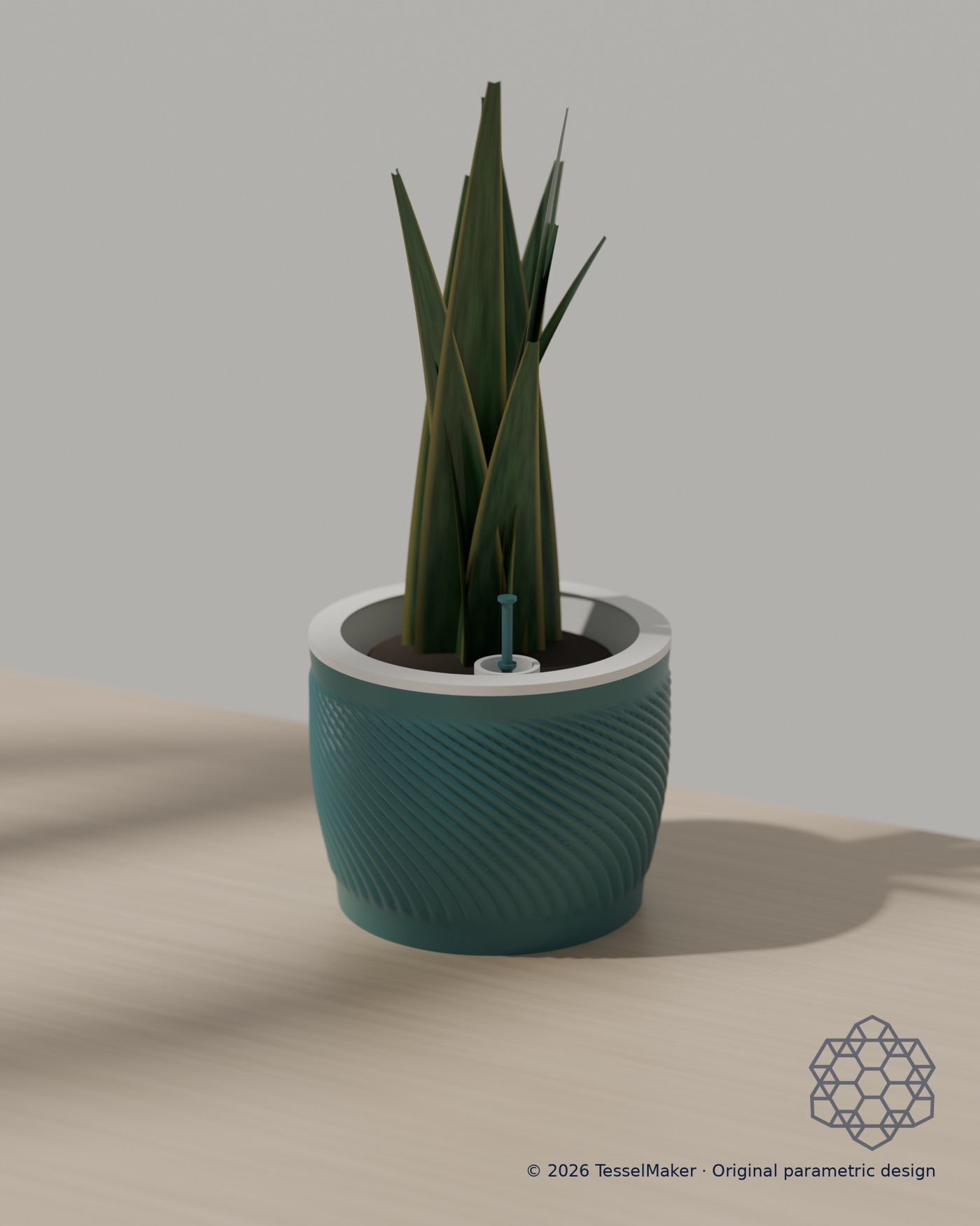 AquaPot 4 self-watering planter in deep teal with a snake plant, on a sunlit wooden table.